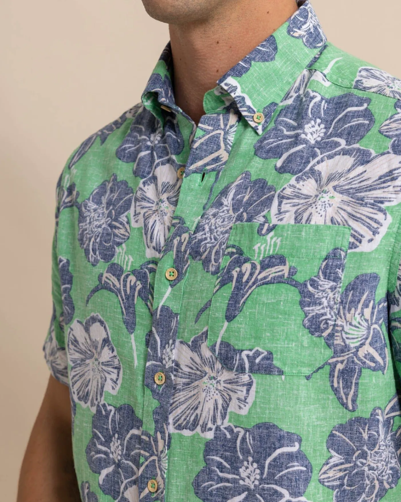 Flash Sale Southern Tide Beach Blooms Linen Rayon Short Sleeve Sport Shirt Lawn Green