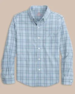 Online Southern Tide Boys Intercoastal Primrose Plaid Long Sleeve Sport Shirt Subdued Blue