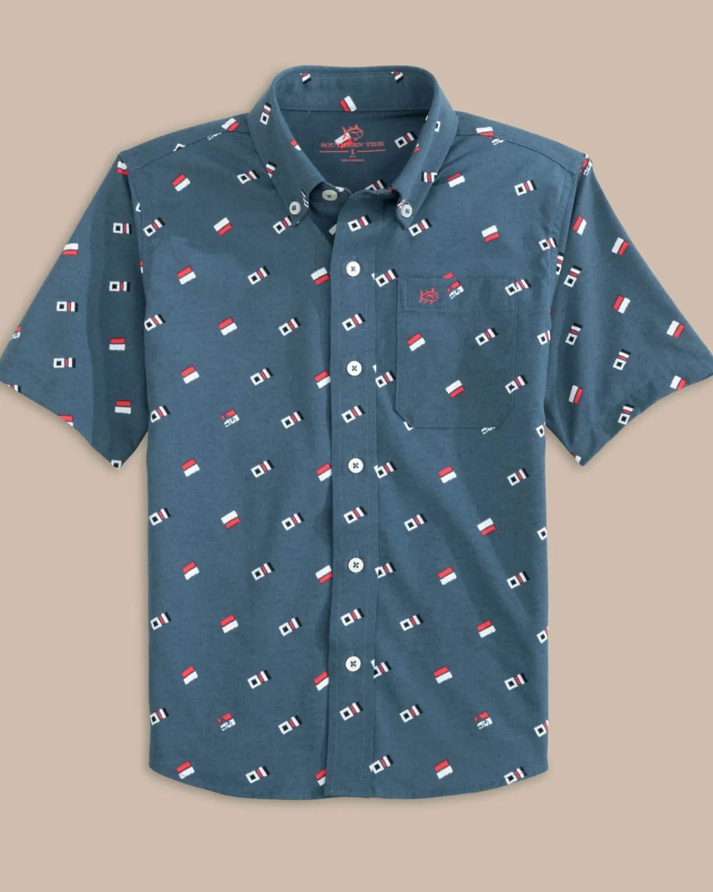 Store Southern Tide Boys Keep It Nautical Heather Intercoastal Short Sleeve Sport Shirt Heather Aged Denim