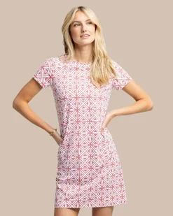 New Southern Tide Chanelle Painted Geo Performance Dress Dusty Coral