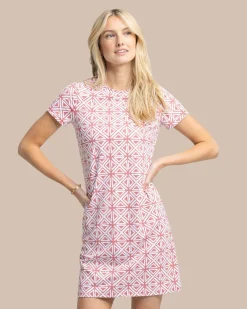 New Southern Tide Chanelle Painted Geo Performance Dress Dusty Coral