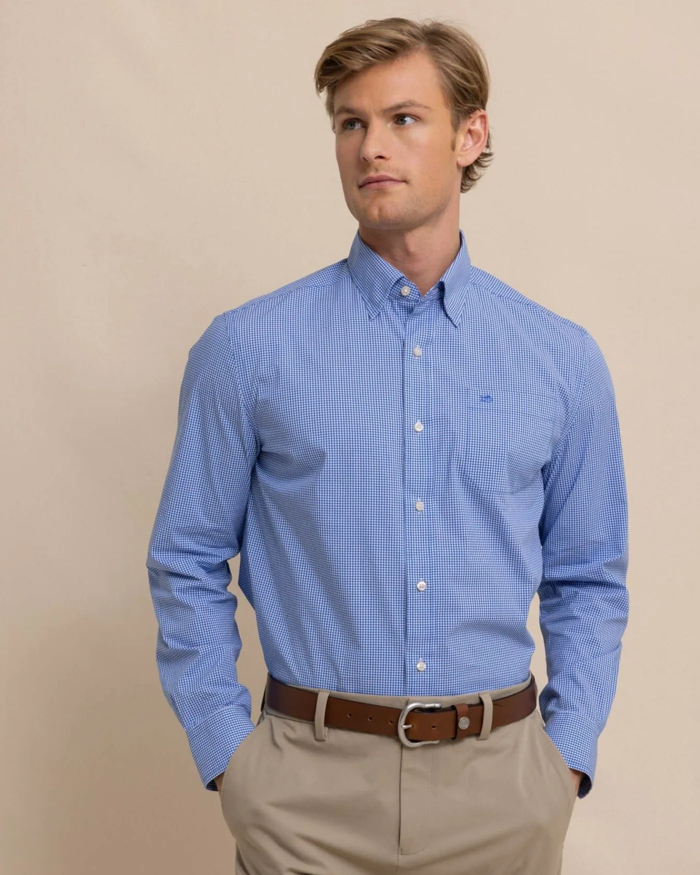 Cheap Southern Tide Charleston Parkwood Micro-Gingham Long Sleeve Sport Shirt Cobalt Blue