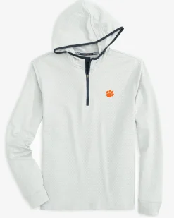 Best Sale Southern Tide Clemson Tigers Scuttle Heather Quarter Zip Hoodie Heather Slate Grey