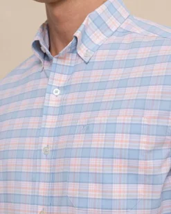 Cheap Southern Tide Coastal Passage Brockman Plaid Long Sleeve Sport Shirt Clearwater Blue