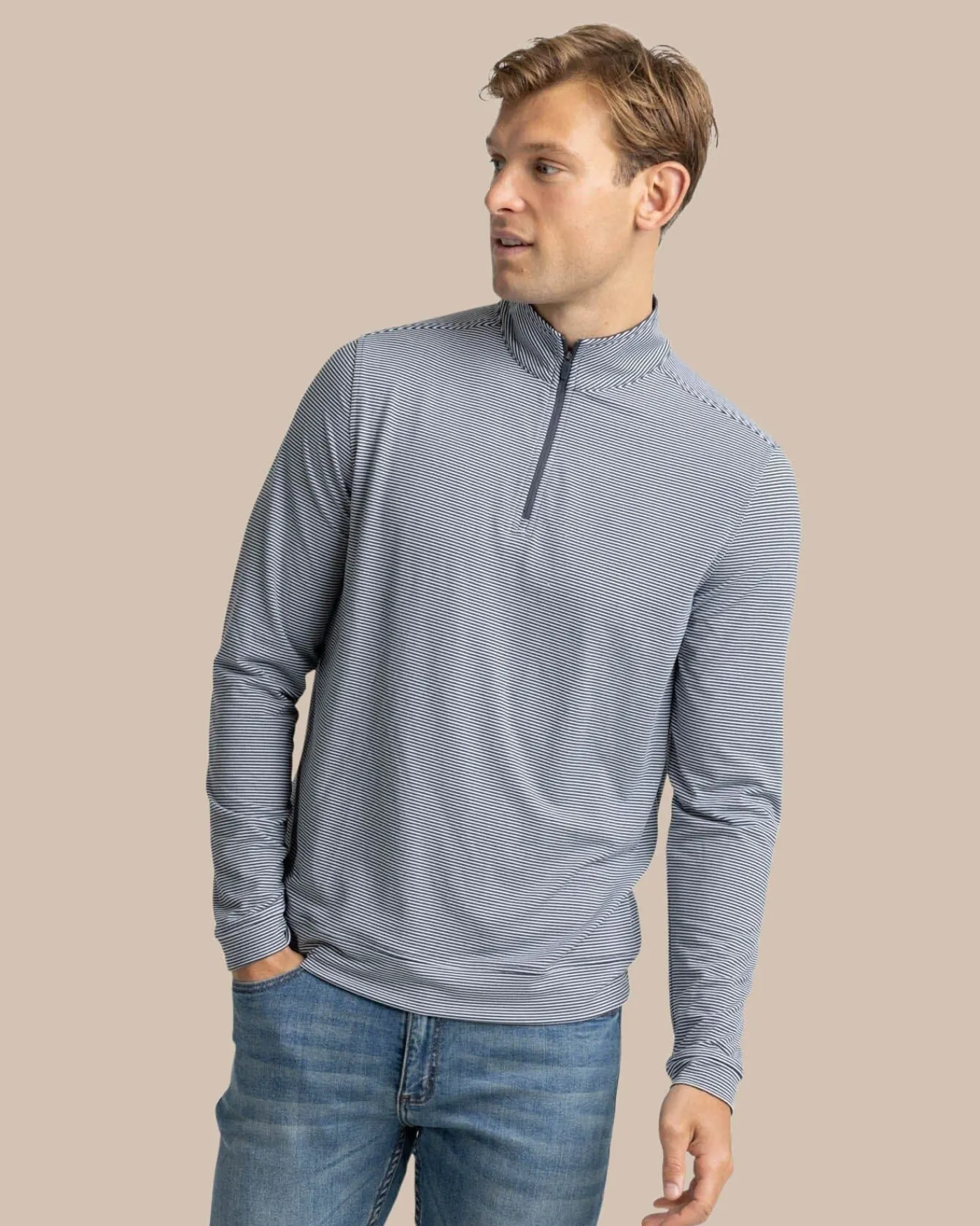 New Southern Tide Cruiser Micro-Stripe Heather Quarter Zip