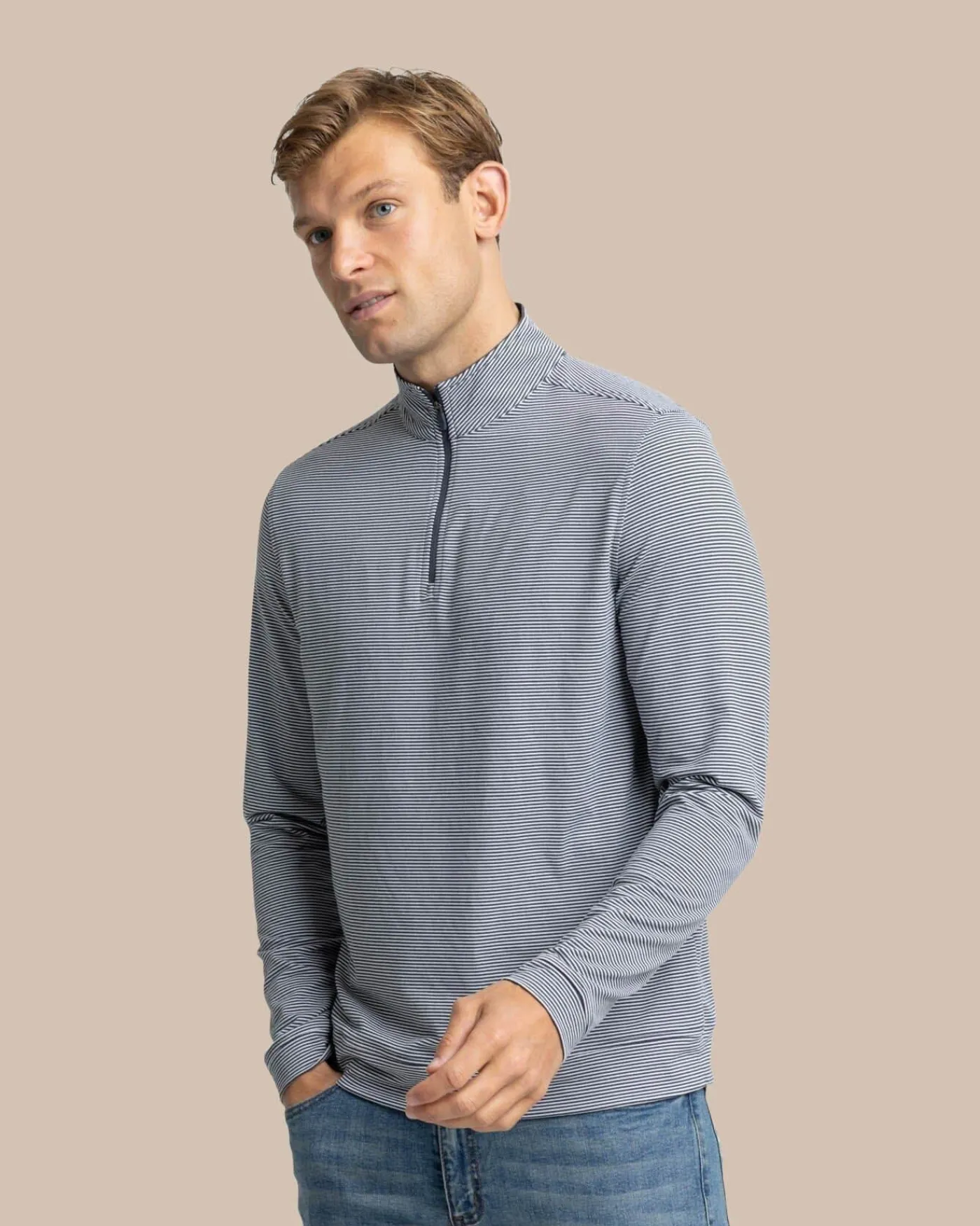 New Southern Tide Cruiser Micro-Stripe Heather Quarter Zip
