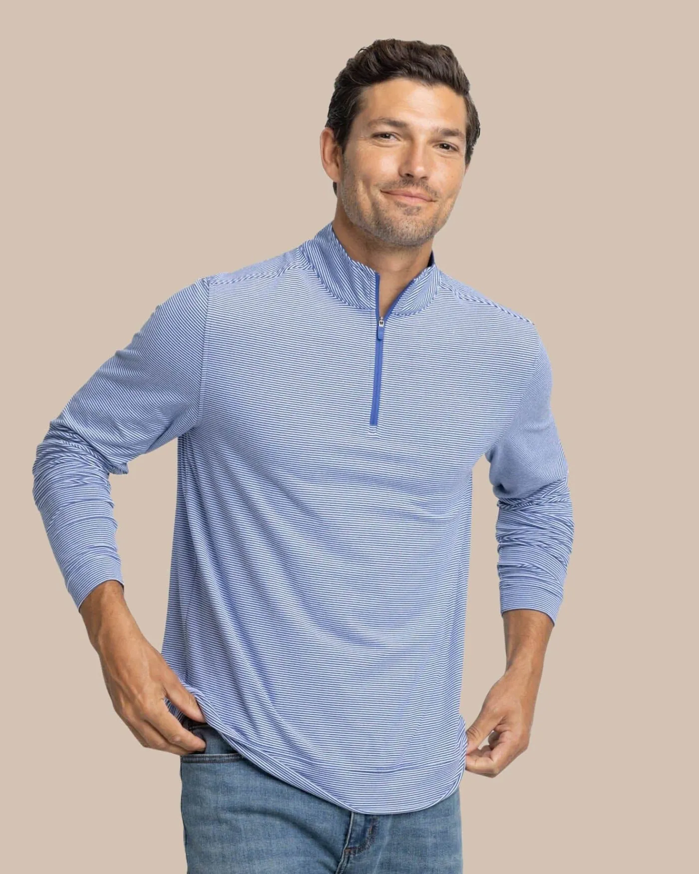 New Southern Tide Cruiser Micro-Stripe Heather Quarter Zip