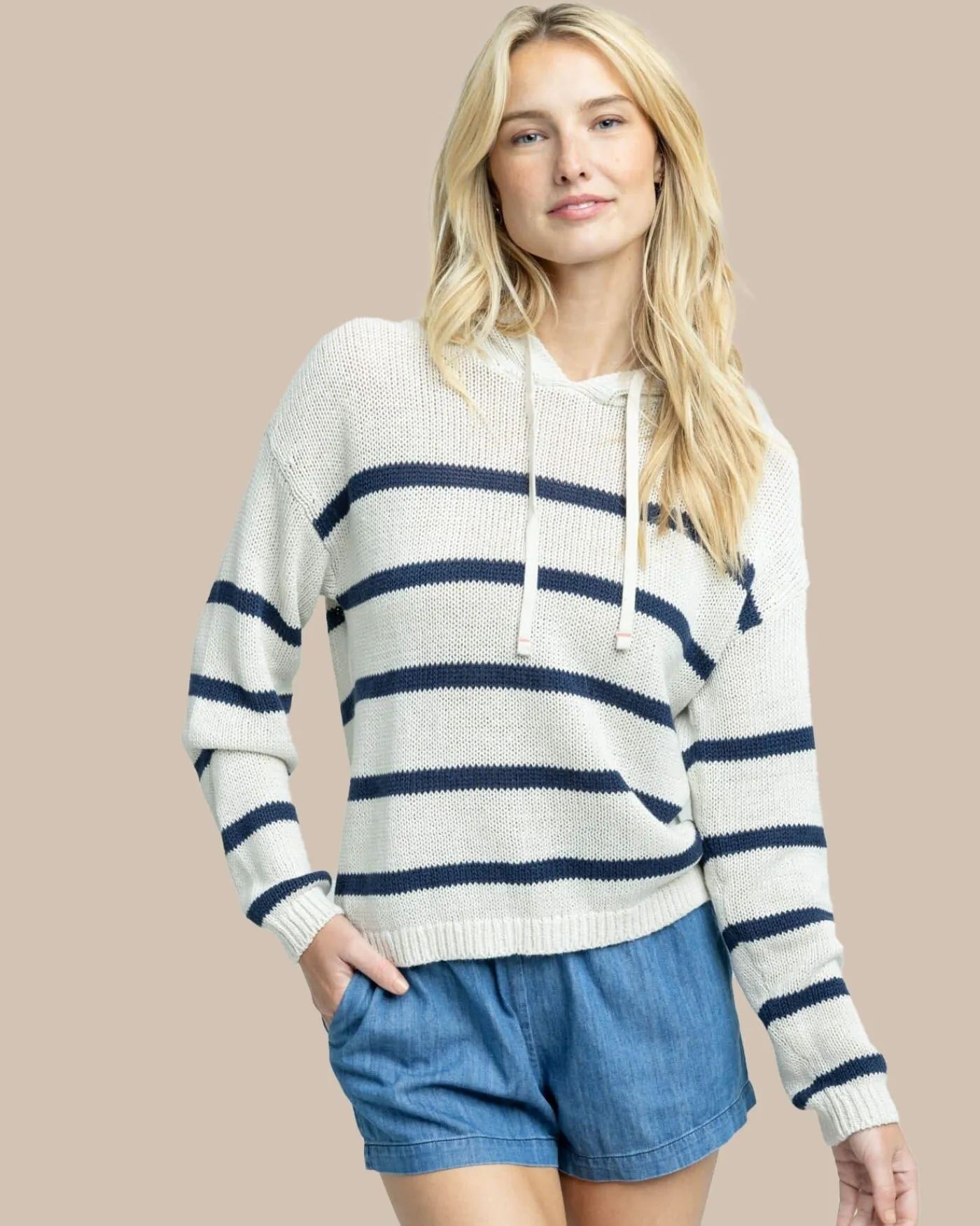 Fashion Southern Tide Everlee Striped Hoodie Sweater Stone