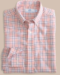 Hot Southern Tide Headland Conestee Plaid Long Sleeve Sport Shirt Apricot Blush Coral