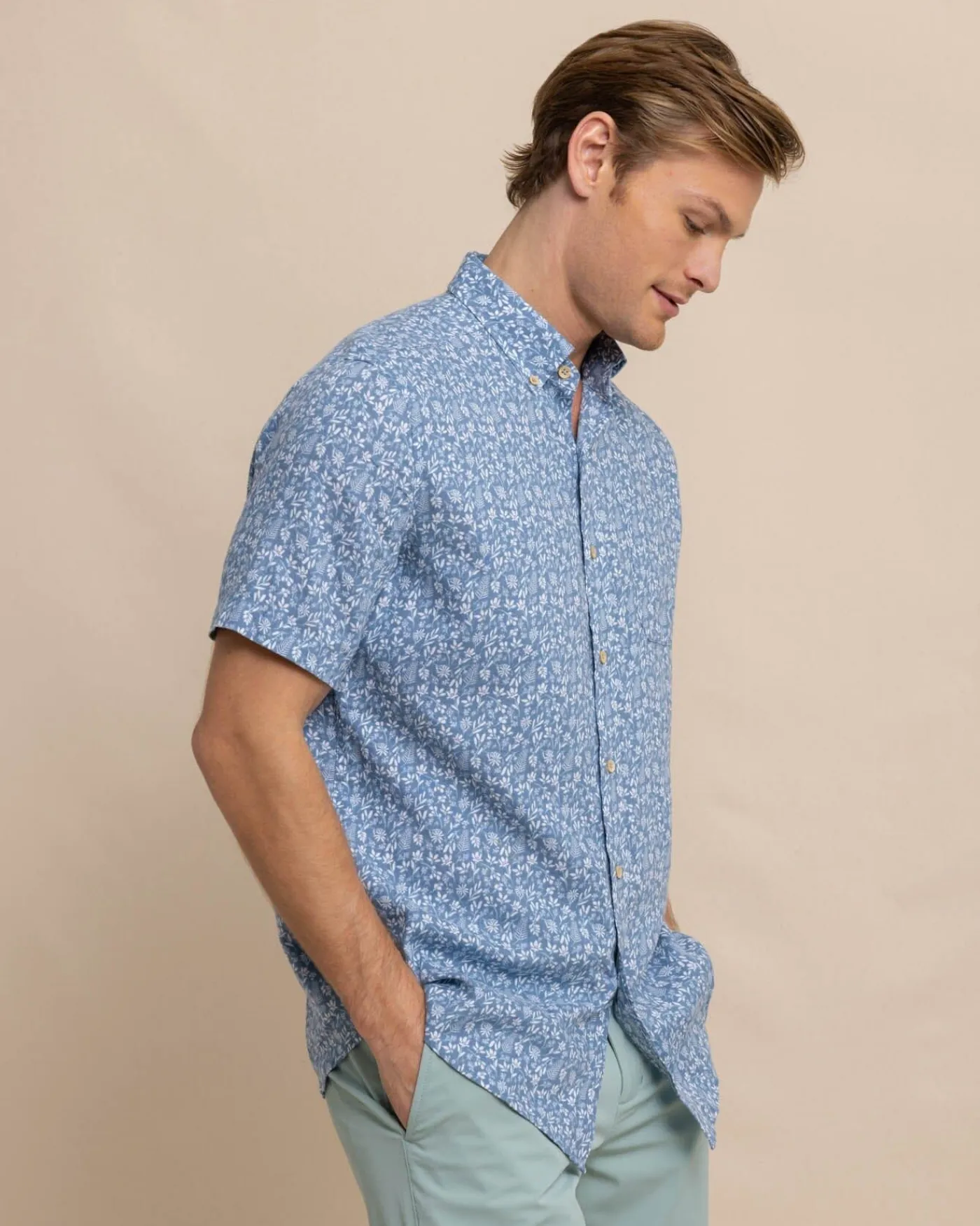Best Sale Southern Tide Linen Rayon Ditzy Floral Short Sleeve Sport Shirt