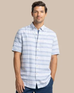 Fashion Southern Tide Linen Rayon Timmonsok Stripe Short Sleeve Sport Shirt Coronet Blue