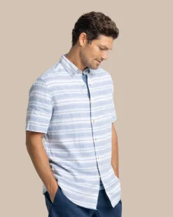 Fashion Southern Tide Linen Rayon Timmonsok Stripe Short Sleeve Sport Shirt Coronet Blue