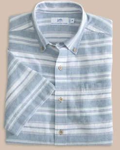 Fashion Southern Tide Linen Rayon Timmonsok Stripe Short Sleeve Sport Shirt Coronet Blue