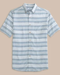 Fashion Southern Tide Linen Rayon Timmonsok Stripe Short Sleeve Sport Shirt Coronet Blue