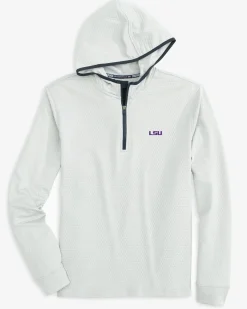 New Southern Tide Lsu Tigers Scuttle Heather Quarter Zip Hoodie Heather Slate Grey
