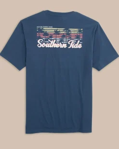 New Southern Tide Striped Sunset Palms Short Sleeve T-Shirt Aged Denim