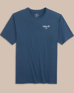 New Southern Tide Striped Sunset Palms Short Sleeve T-Shirt Aged Denim