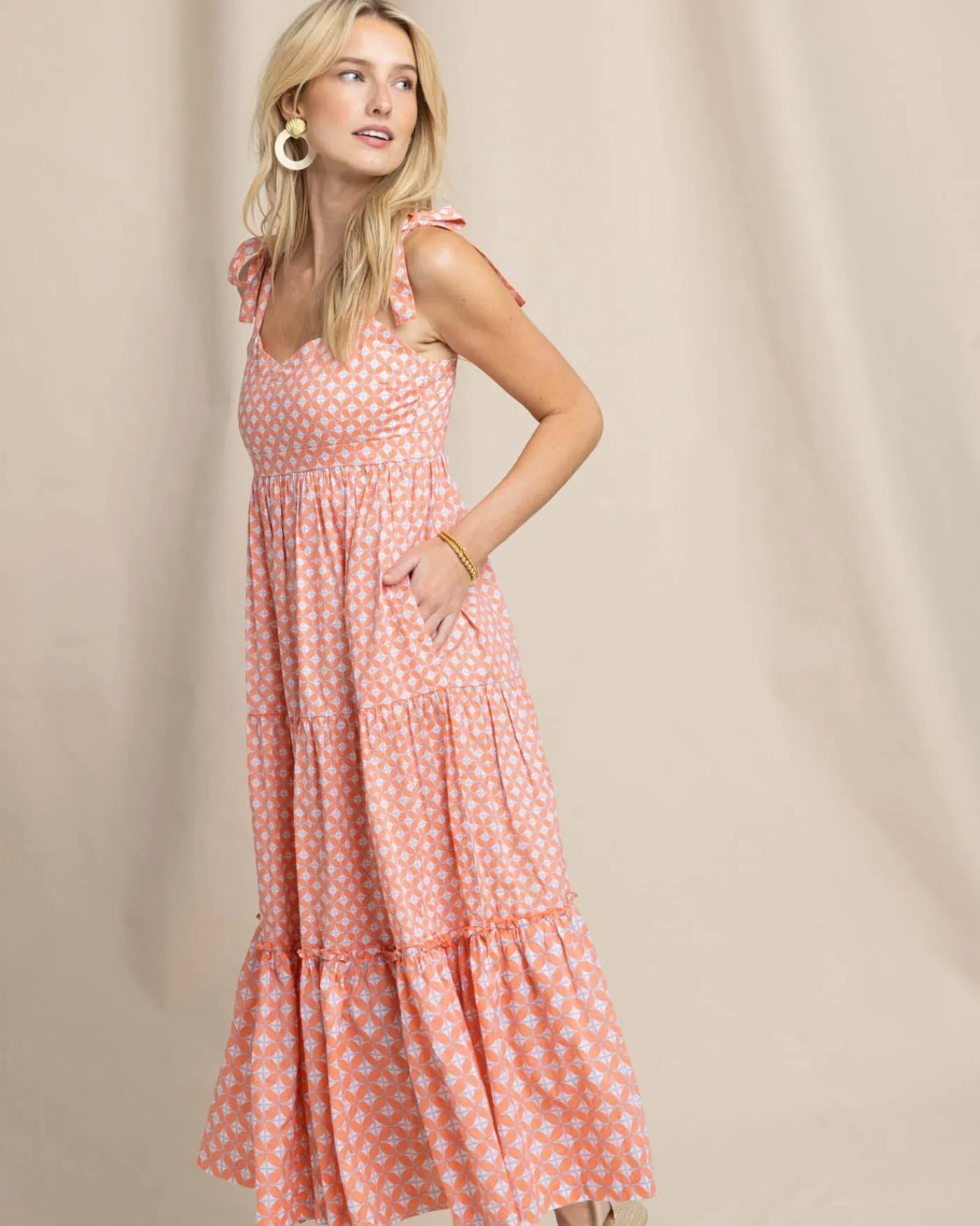 New Southern Tide Sylvi Sun Daze Geo Print Maxi Dress Conch Shell